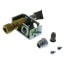 Brass pilot light assembly with turquoise button and small metal components on white background.