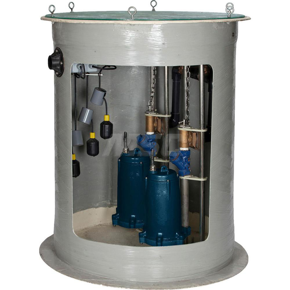 Gray cylindrical basin with blue submersible pumps, metal tubing, chains, and hanging float switches inside.