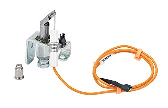 Pilot electrode assembly with metal components, bracket, and attached orange cable with connector.