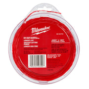 Red Milwaukee trimmer line spool wound on clear plastic packaging with product specifications and barcode visible.