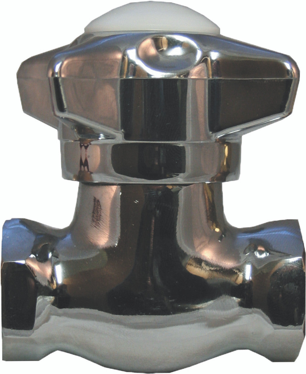 Chrome self-closing valve with dual side outlets and rounded dome top, 3/8" connections.