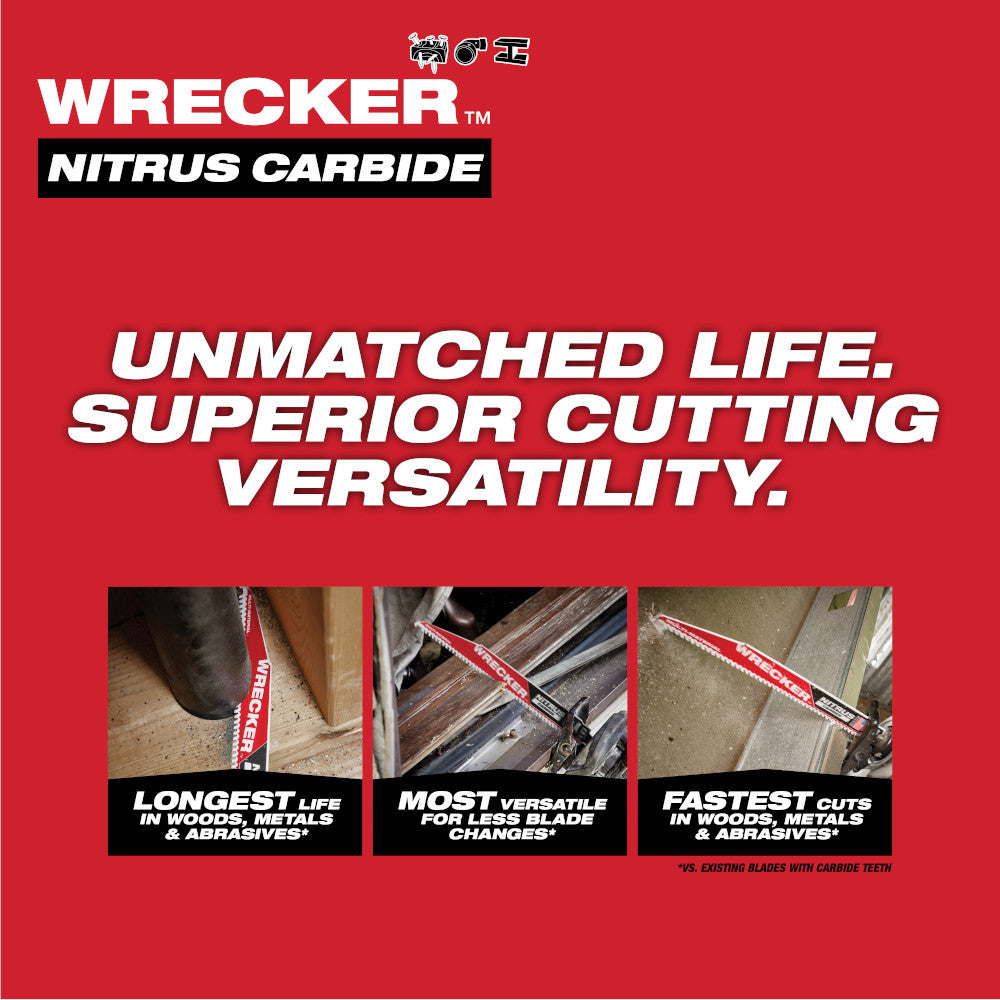 Milwaukee WRECKER 9" Nitrus Carbide reciprocating saw blades, 5-pack, shown cutting wood, metal, and abrasive materials.