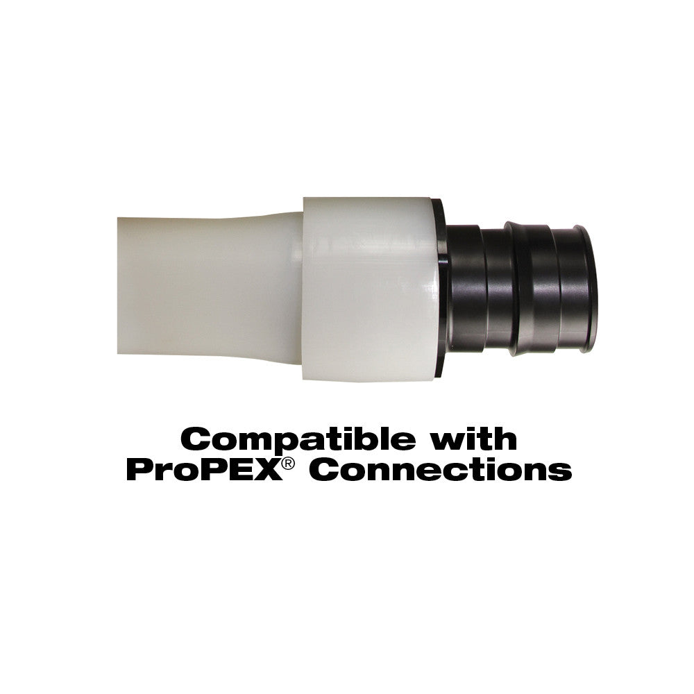 ProPEX expansion tool head with white plastic connector body and black metal expansion rings for pipe fitting.