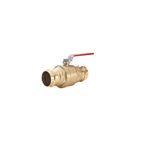 Brass ball valve with red lever handle and female threaded ports on both ends.