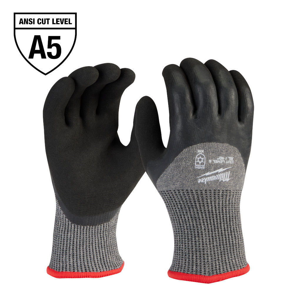 Black dipped work gloves with gray knit cuff and red ribbed trim, ANSI Cut Level A5 rated.