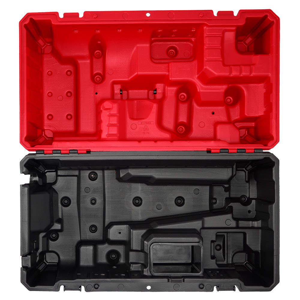 Red and black plastic carrying case with molded interior compartments for storing and transporting a chainsaw.