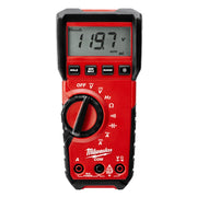 Red and black digital multimeter with LCD display showing 1.197 volts, rotary dial, and four control buttons.