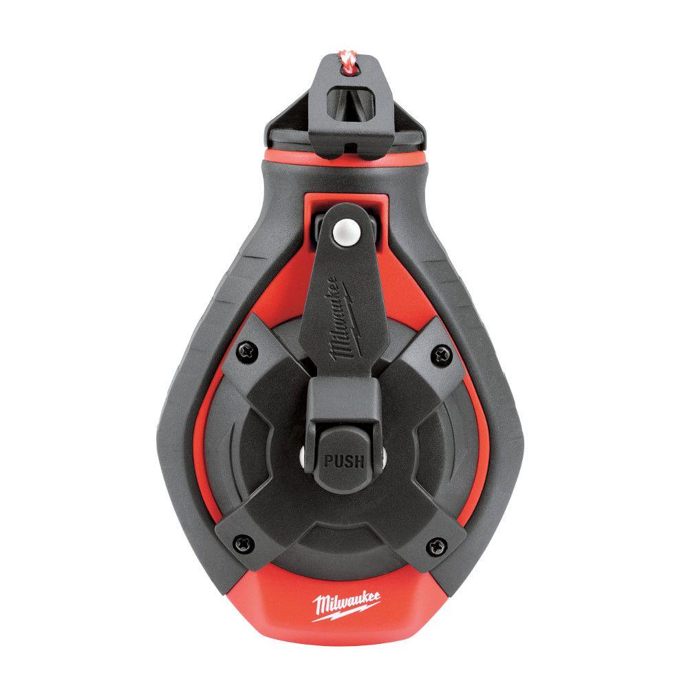 Red and gray Milwaukee chalk reel with push button release and hanging hook at top.