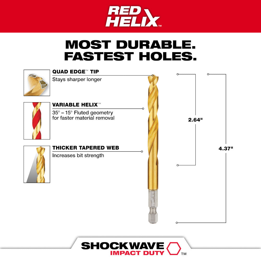 Gold titanium drill bit with quad edge tip and variable helix fluting, displayed with dimension measurements and feature call