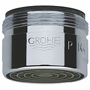 Grohe chrome flow control aerator with threaded male connection and circular mesh screen base.