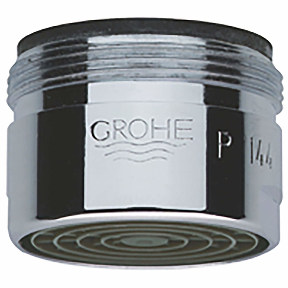 Grohe chrome flow control aerator with threaded male connection and circular mesh screen base.