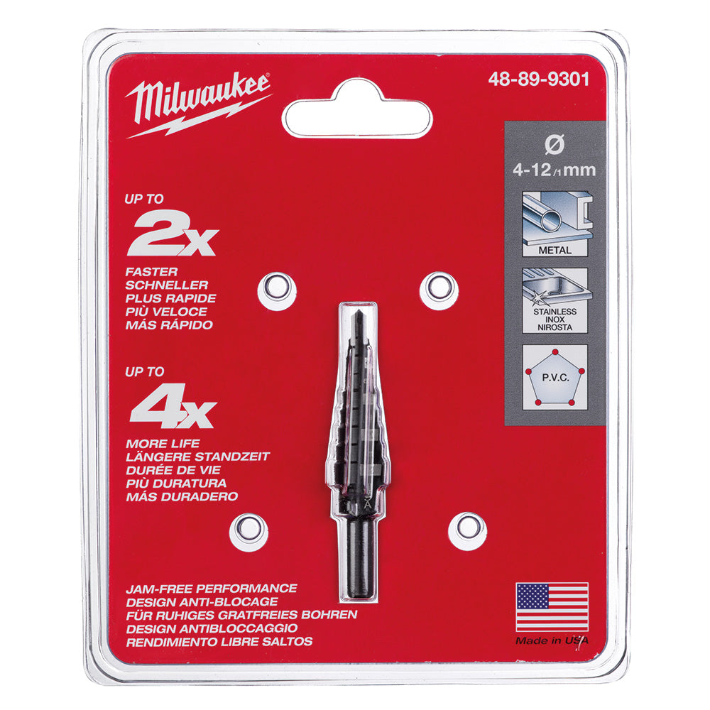 Milwaukee step drill bit 4-12mm with conical fluted design in clear plastic packaging on red card.