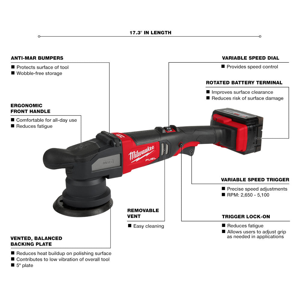 Milwaukee M18 FUEL random orbital polisher with red and black body, variable speed dial, ergonomic front handle, and 5-inch b