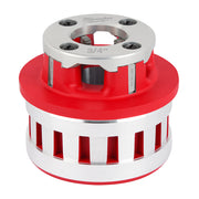 Milwaukee 3/4" pipe threading die head with red and white forged aluminum body and four mounting holes.