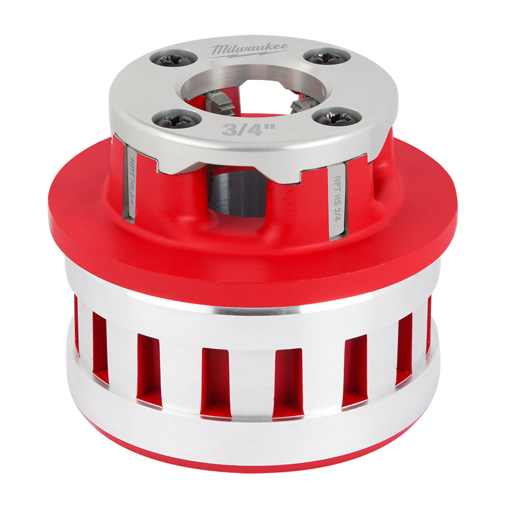 Milwaukee 3/4" pipe threading die head with red and white forged aluminum body and four mounting holes.
