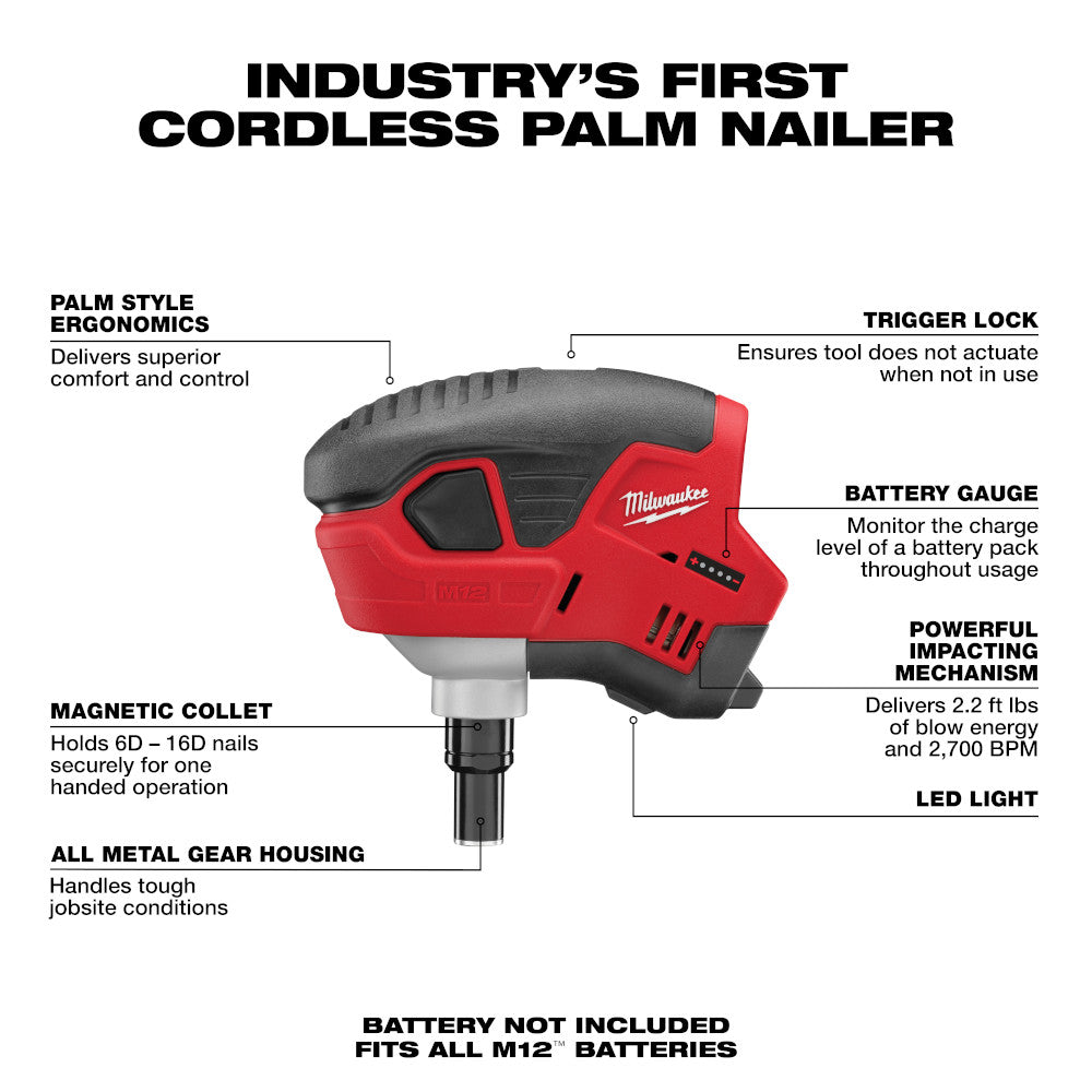 Milwaukee M12 cordless palm nailer with red and black housing, gray grip, magnetic collet, trigger lock, battery gauge, and L