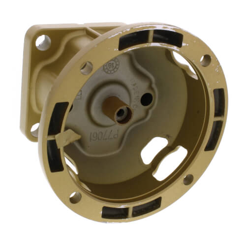 Bronze bearing assembly with tan housing, internal spiral grooves, and mounting holes.