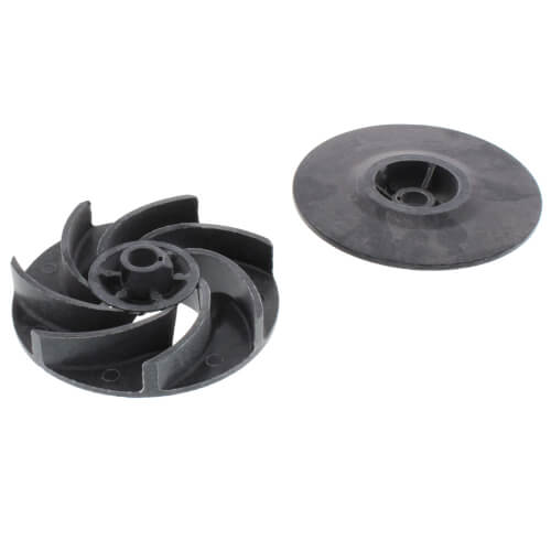 Black Noryl plastic pump impeller shown from front and back views with curved blades and center hub opening.