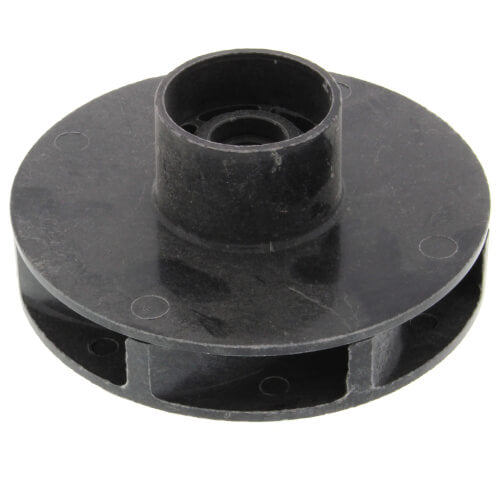 Black Noryl plastic pump impeller with 3-3/8 inch diameter and central shaft opening.