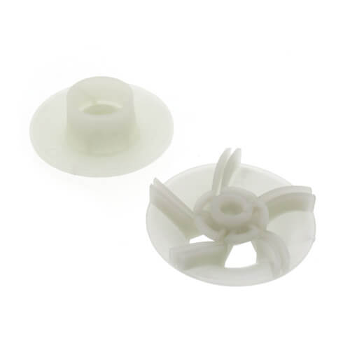 Cream-colored plastic impeller with curved blades shown from top and angled views, approximately 2-3/4 inches diameter.