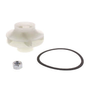 White plastic impeller with central hub, metal hex nut, and black rubber seal ring.
