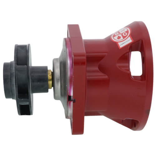 Bell & Gossett bearing assembly with black impeller and red pump housing featuring handle and manufacturer logo.