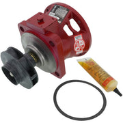 Red cast iron bearing assembly with detached impeller, gasket seal, and adhesive cartridge shown separately.