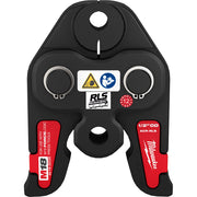 Black and red press jaw with two circular openings, mounting hole, and RLS labeling for M18 FORCE LOGIC press tools.