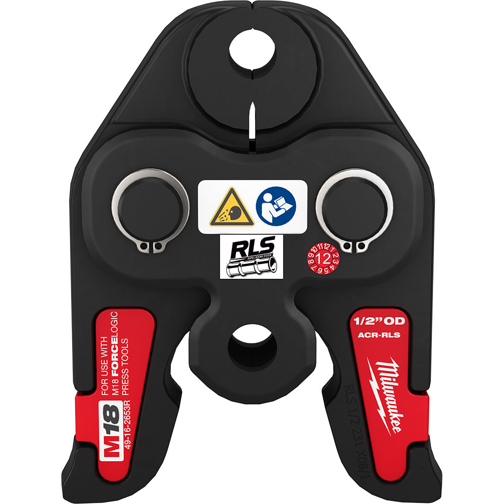 Black and red press jaw with two circular openings, mounting hole, and RLS labeling for M18 FORCE LOGIC press tools.