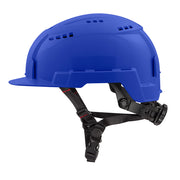 Blue hard hat with front brim, vented crown, and black chin strap with adjustment buckles.