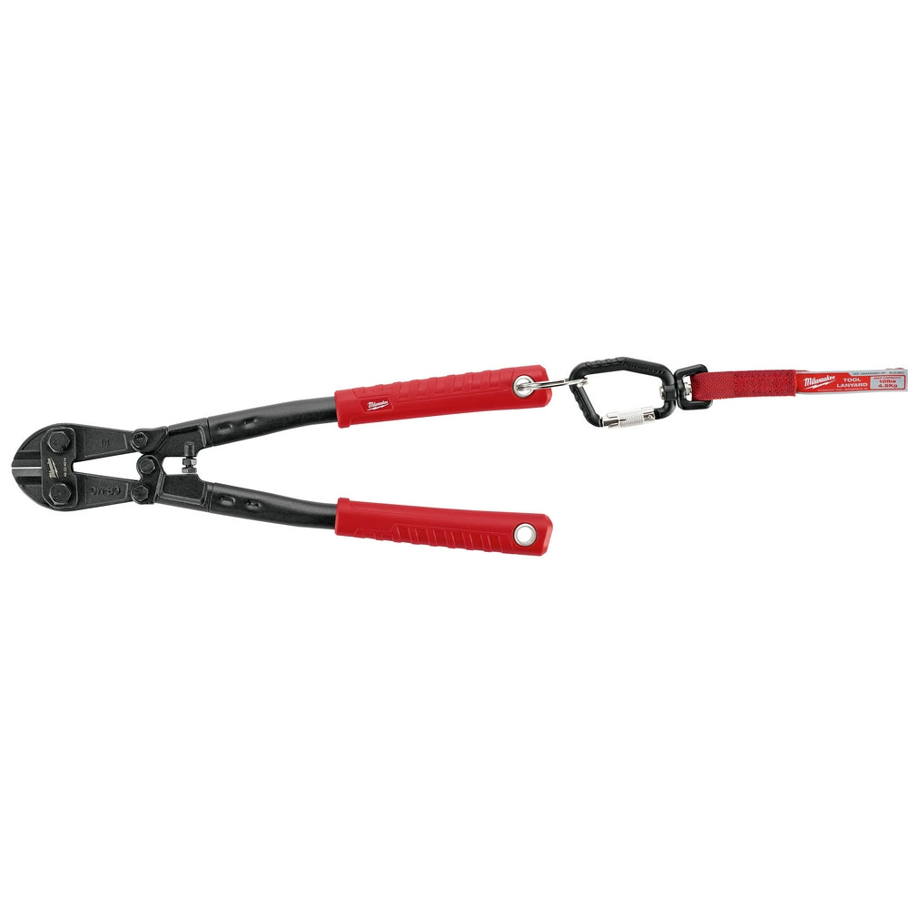 Milwaukee bolt cutter with black metal body, red handles, and attached safety lanyard with split ring.