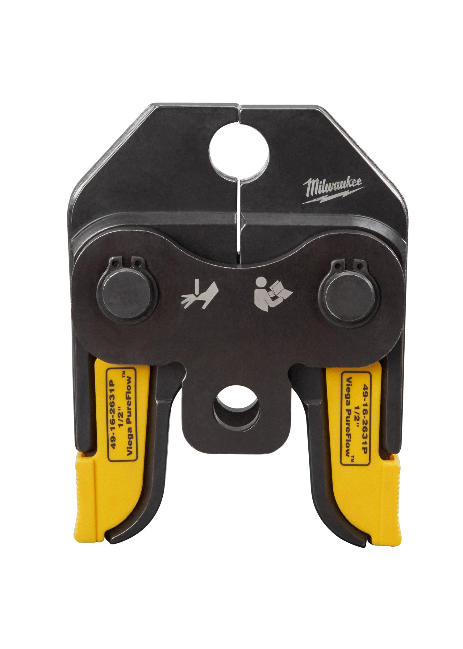 Black and yellow press jaw with two circular openings and adjustment controls for M18 short throw press tool.