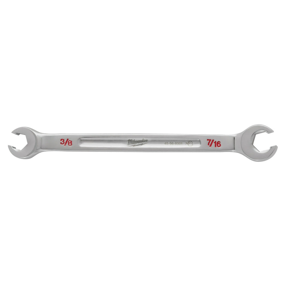 Silver double-end flare nut wrench with 3/8" and 7/16" openings and Milwaukee branding.