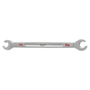 Silver double-end flare nut wrench with 3/8" and 7/16" openings and Milwaukee branding.