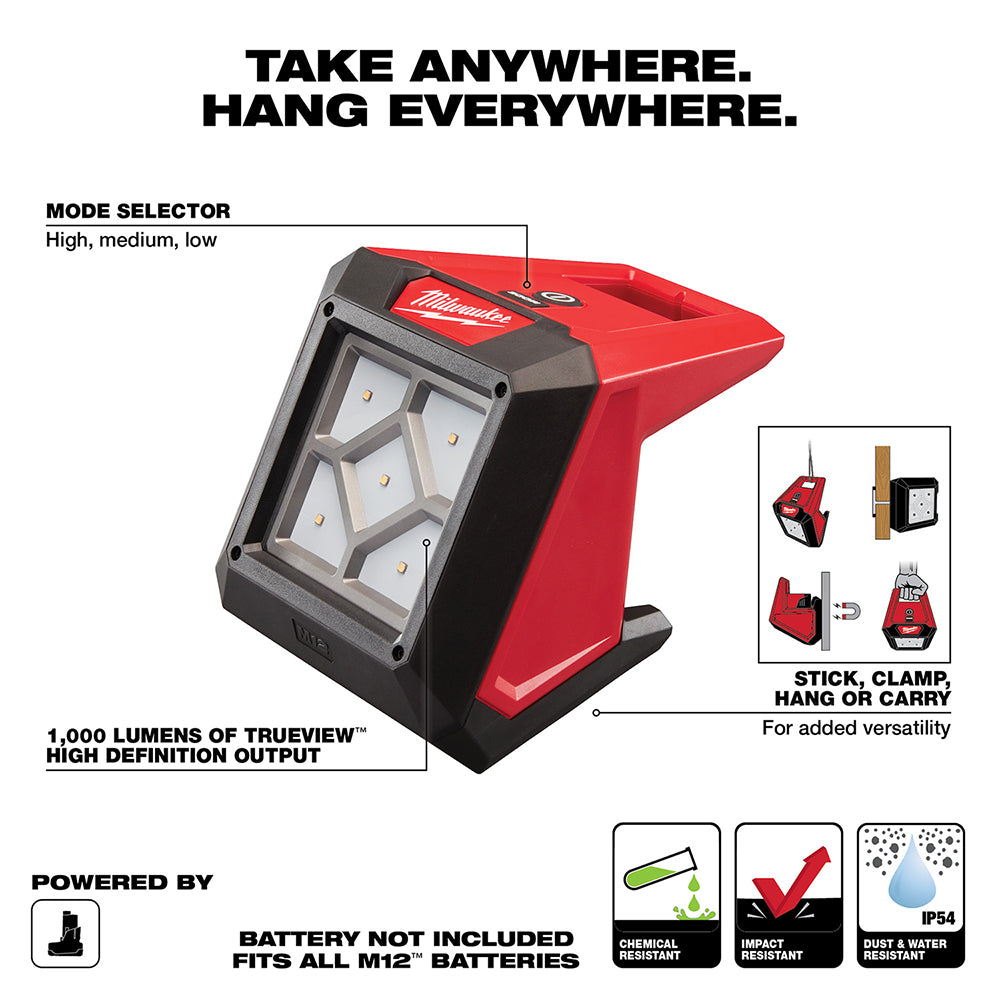 Red and black Milwaukee M12 compact flood light with square LED panel, mode selector, and hanging bracket for work site light