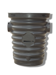 Dark polyethylene cylindrical sump basin with horizontal ribbed walls and outlet ports.