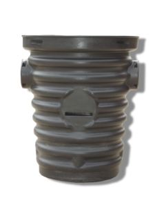Dark polyethylene cylindrical sump basin with horizontal ribbed walls and outlet ports.