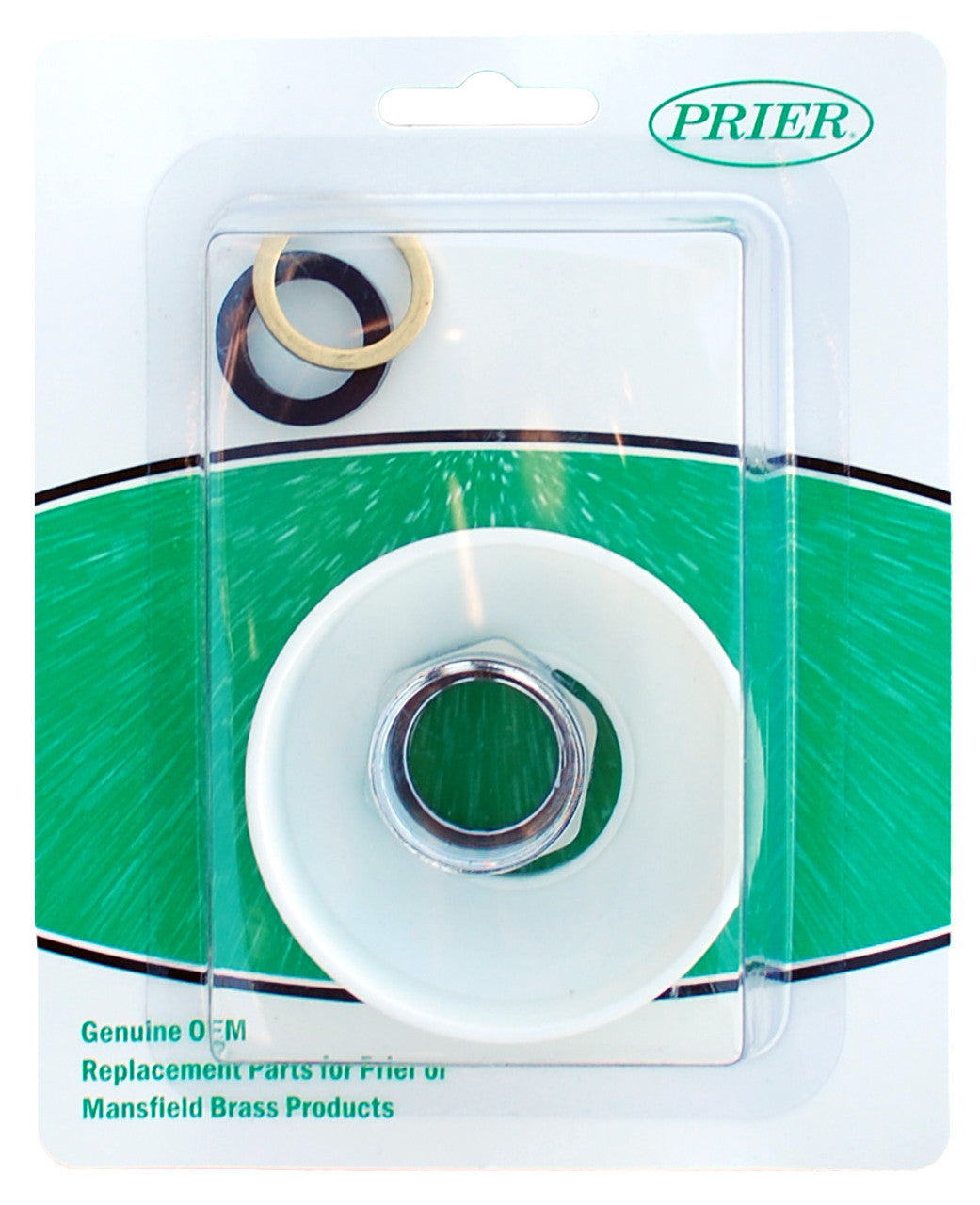 Prier Scutum Assembly replacement part package containing white plastic disc with chrome center ring and rubber seal componen