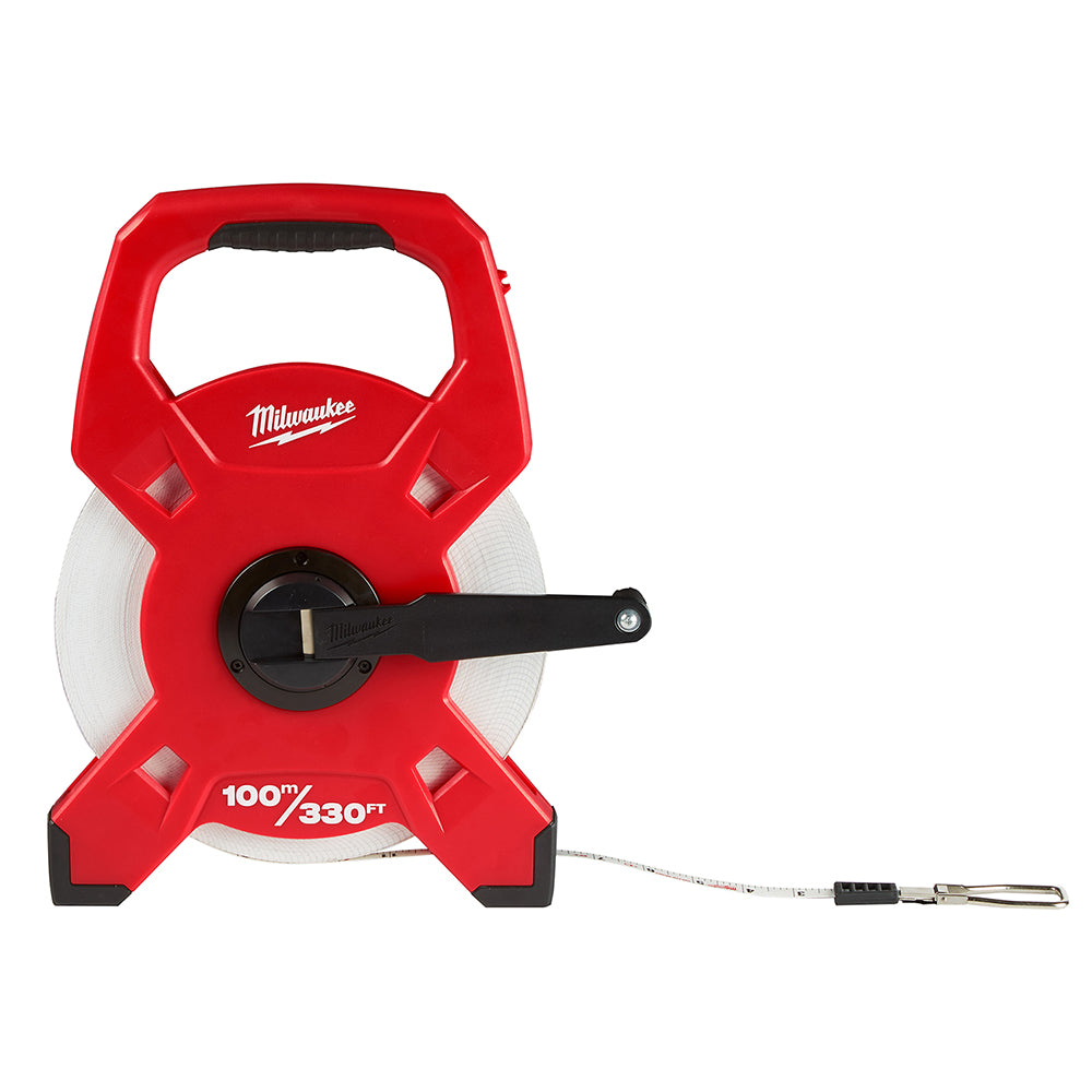 Red and white fiberglass open reel tape measure with black handle and feet, 100m/330ft capacity.