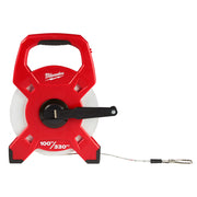Red and white fiberglass open reel tape measure with black handle and feet, 100m/330ft capacity.