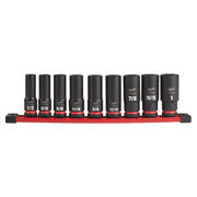 Nine black deep sockets with red bands arranged on red storage rail, labeled 1/2" through 1" in SAE sizes.