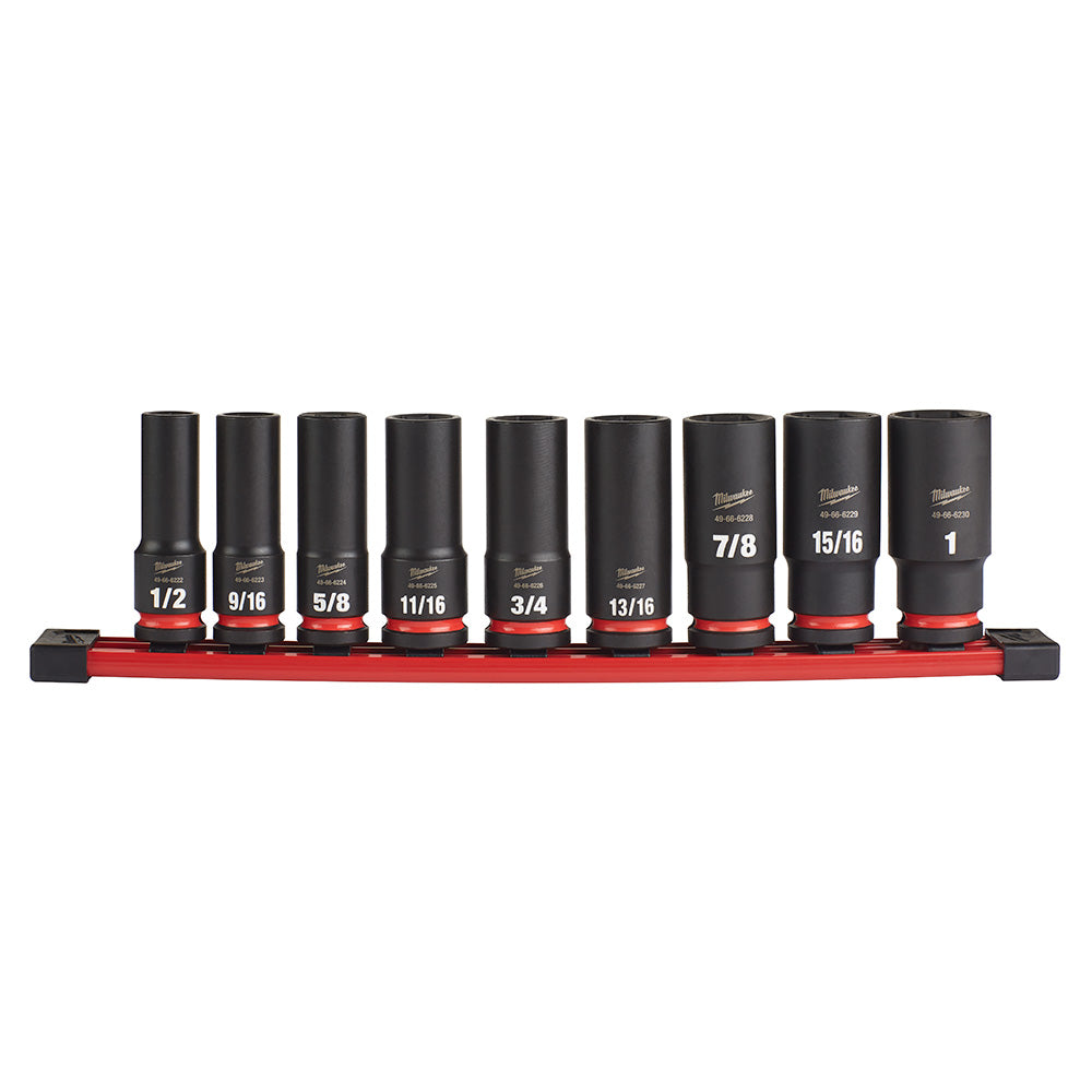 Nine black deep sockets with red bands arranged on red storage rail, labeled 1/2" through 1" in SAE sizes.