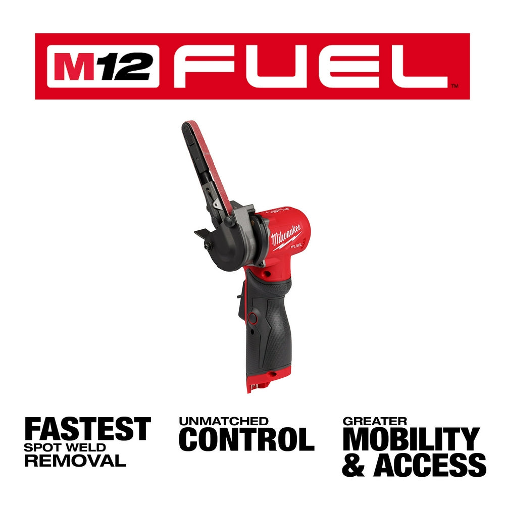 Milwaukee M12 FUEL cordless bandfile with red and black housing, featuring 3/8" x 13" sanding band and ergonomic grip handle.