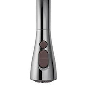 Chrome kitchen faucet wand with brown button controls and tapered spout design.