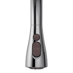 Chrome kitchen faucet wand with brown button controls and tapered spout design.