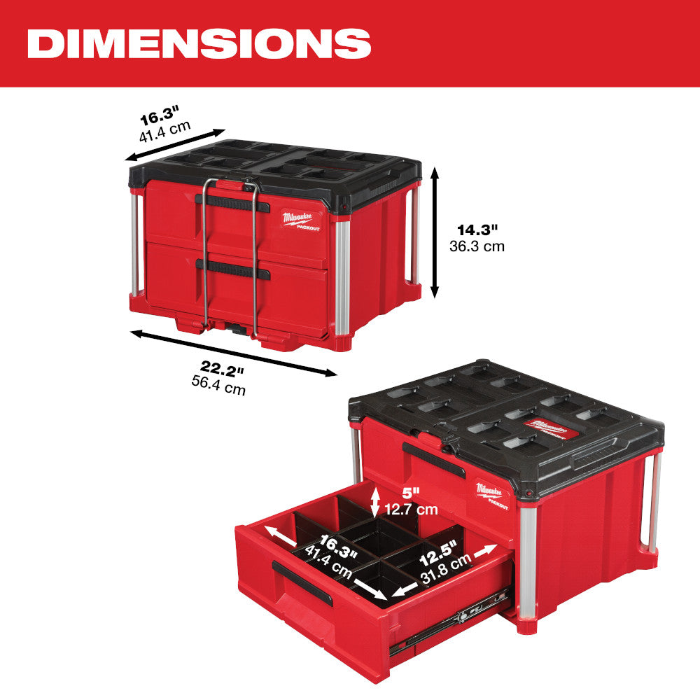 Red and black Milwaukee PACKOUT 2-drawer tool box with dimensions labeled, shown closed and with drawers open.
