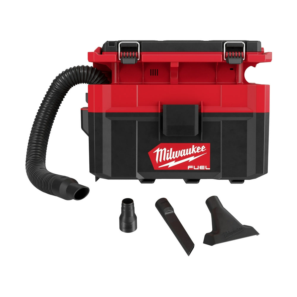 Red and black wet/dry vacuum with attached hose and three black accessory nozzles displayed below.
