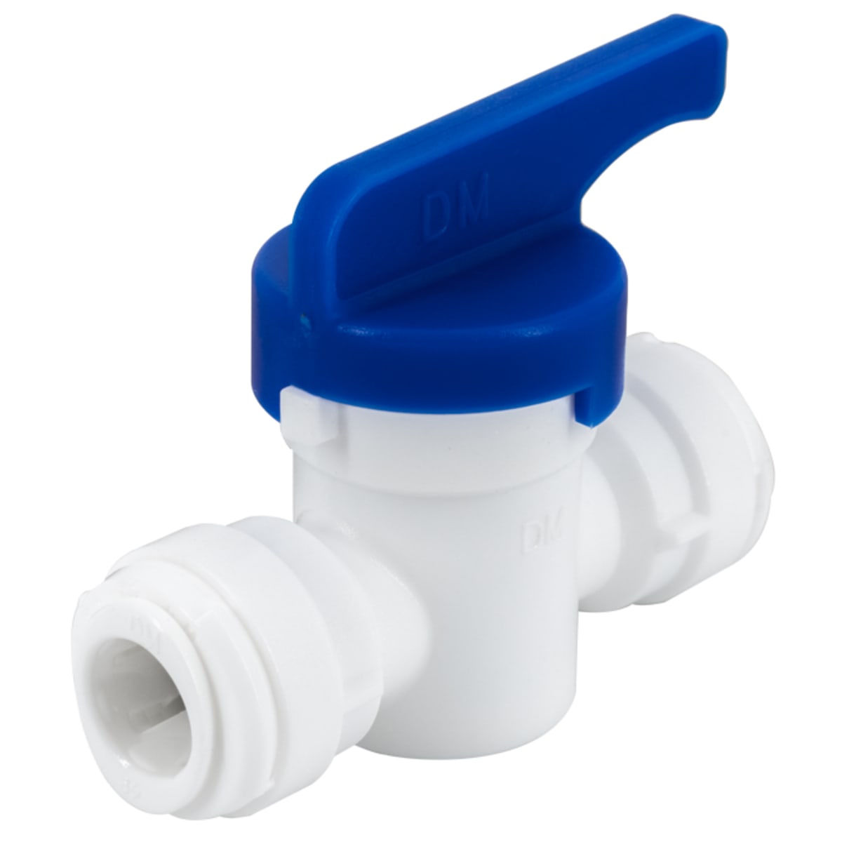 White plastic straight ball valve with blue lever handle and two 3/8" push-fit connectors.