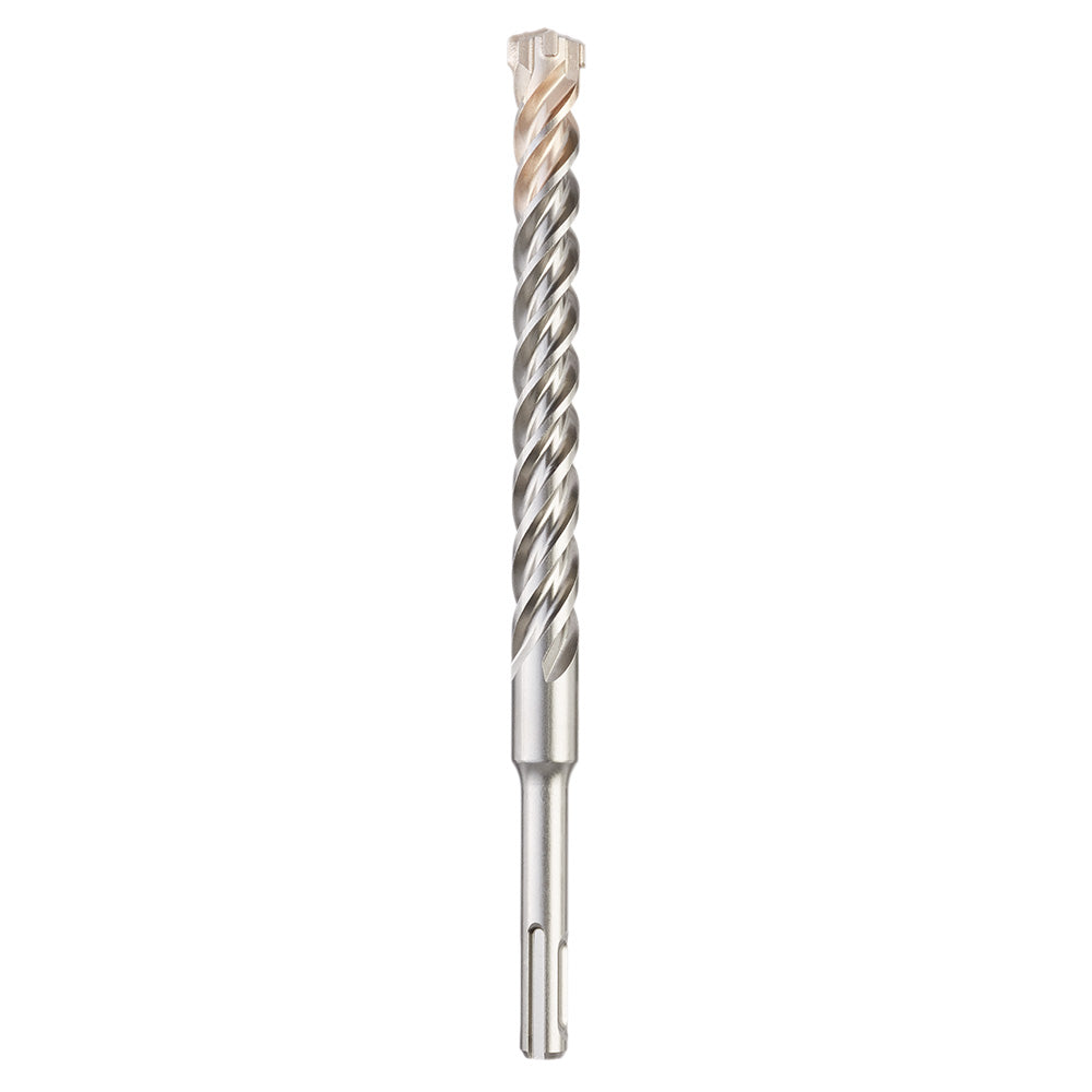 SDS-Plus masonry drill bit with twisted flutes and flat shank against white background.