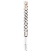 SDS-Plus masonry drill bit with twisted flutes and flat shank against white background.